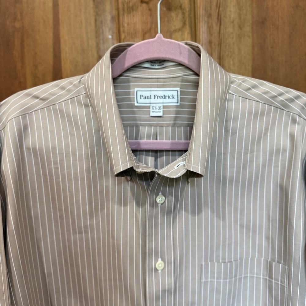 Paul Fredrick Mens Tan White Striped No-Iron Cotton Pinpoint Dress Shirt 17.5-36